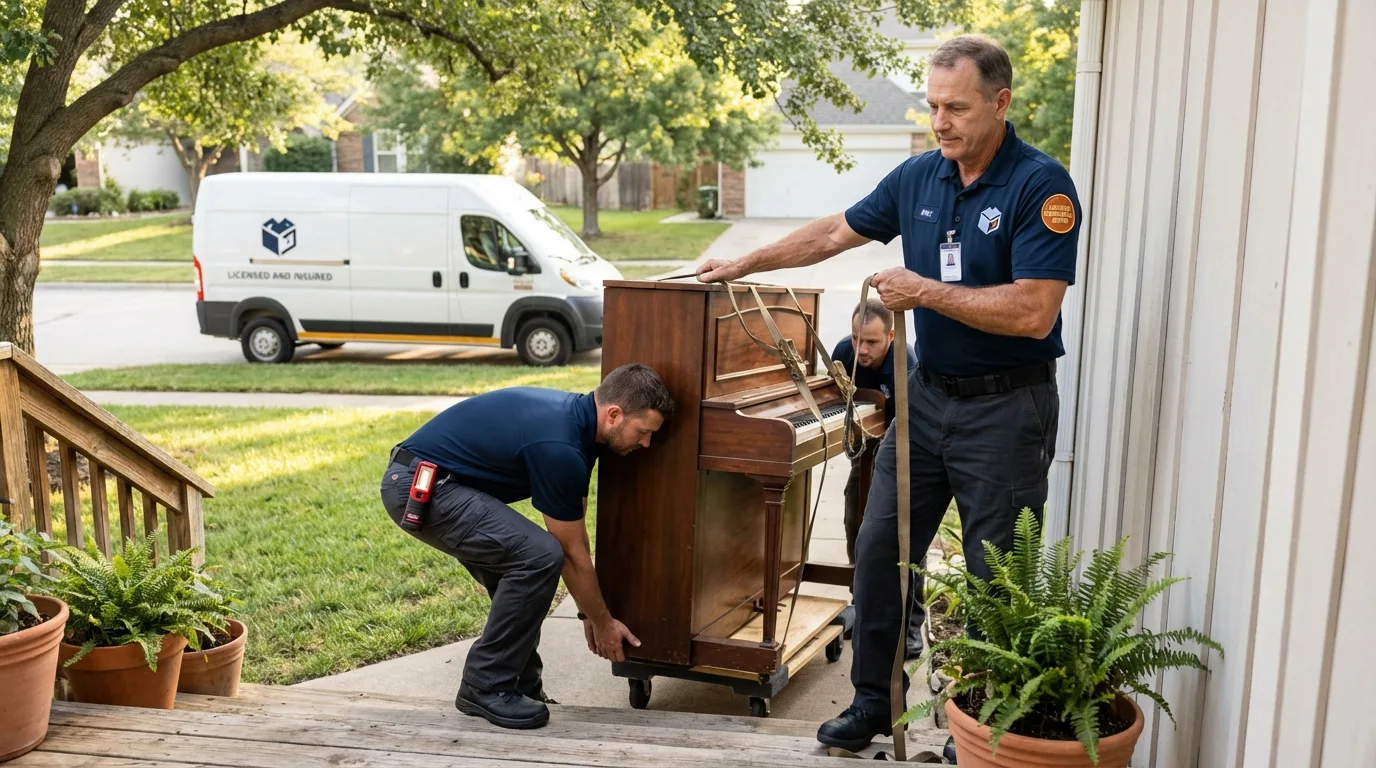 Licensed piano movers securing grand piano in Schuylkill Haven, PA