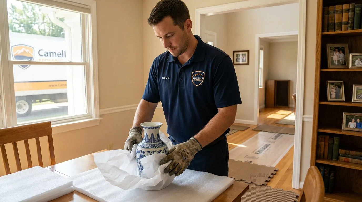 Professional crew carefully wrapping antique vase for senior downsizing move in Schuylkill Haven, PA
